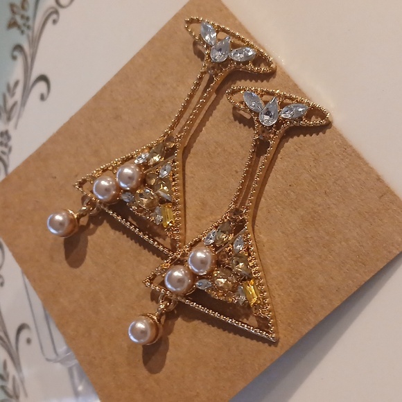 117-   Gold Tone Retro Rockabilly Gold And Silver Martini Rhinestone Earrings - Picture 3 of 5